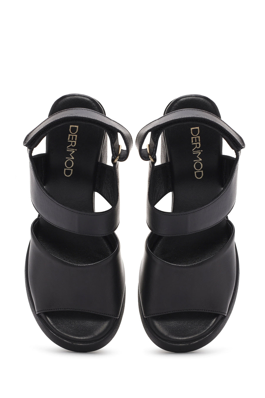 Women's Black Ankle Strap Thick Heeled Leather Sandals