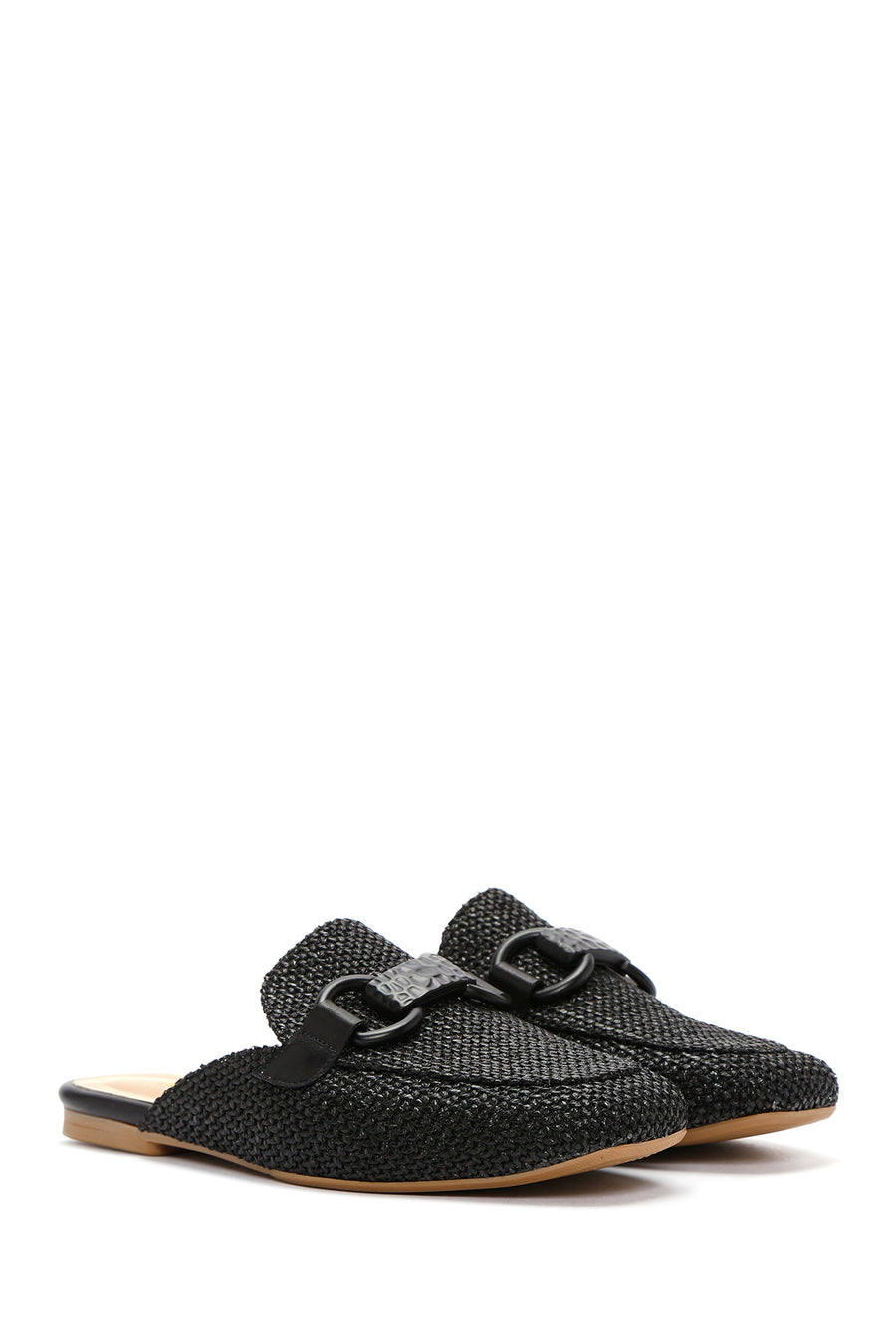 Women's Black Straw Leather Slippers