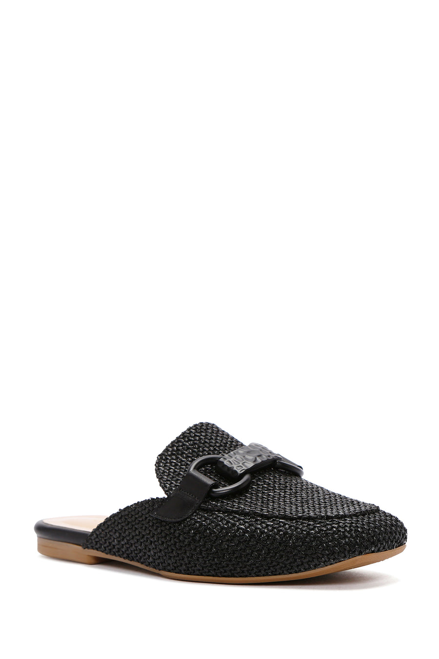 Women's Black Straw Leather Slippers