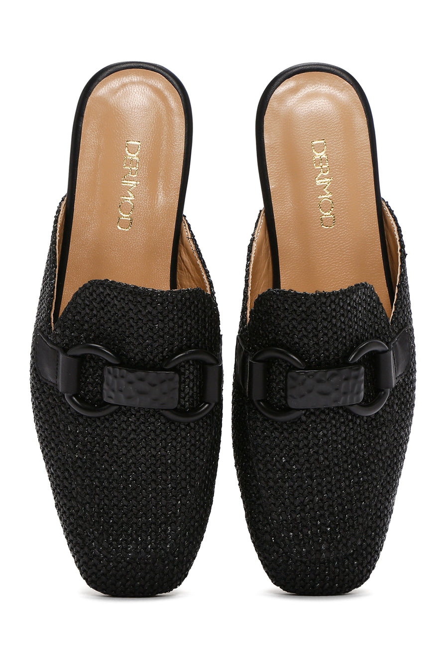 Women's Black Straw Leather Slippers