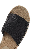 Women's Black Knitted Leather Espadrille Slippers | Derimod
