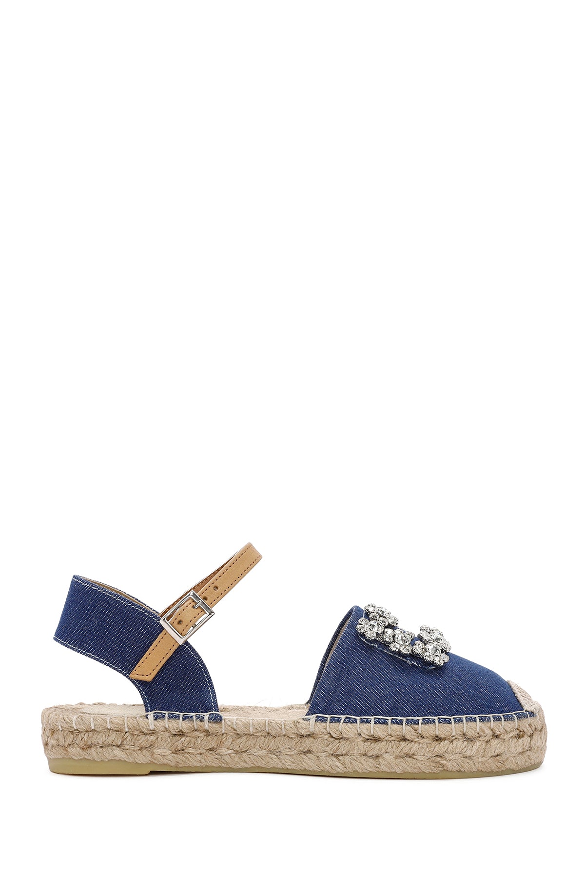 Women's Blue Ankle Buckle Jean Fabric Stoned Espadrille Sandals 24SFD20636F | Derimod