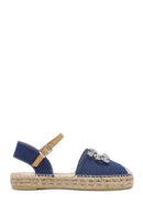 Women's Blue Ankle Buckle Jean Fabric Stoned Espadrille Sandals | Derimod