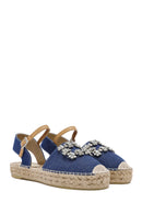 Women's Blue Ankle Buckle Jean Fabric Stoned Espadrille Sandals | Derimod