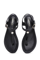 Women's Black Ankle Strap Flip-Flop Patent Leather Sandals | Derimod
