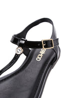 Women's Black Ankle Strap Flip-Flop Patent Leather Sandals | Derimod