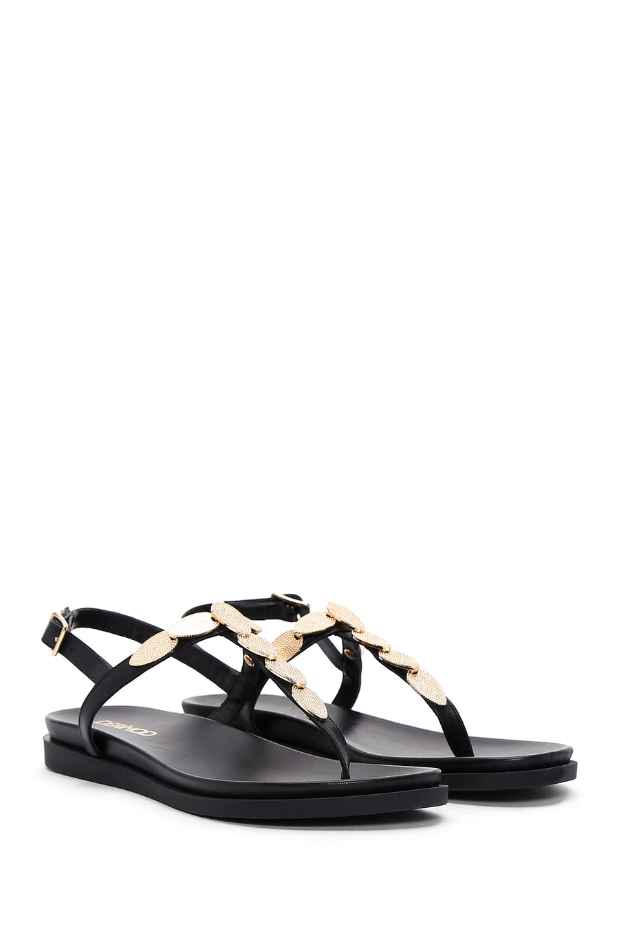 Women's Black Ankle Strap Flip Flop Leather Sandals