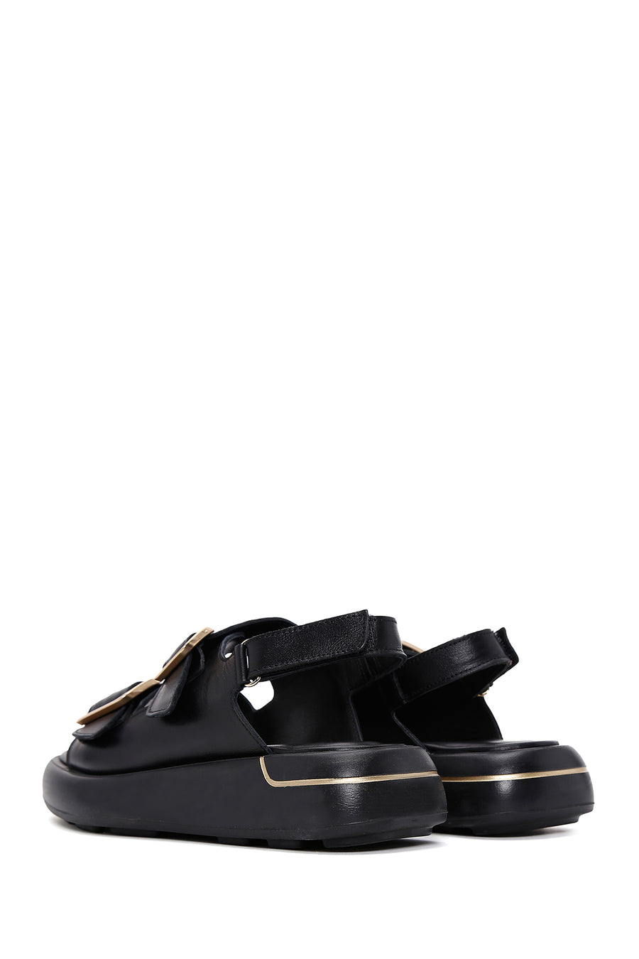 Women's Black Ankle Strap Double Buckle Leather Sandals