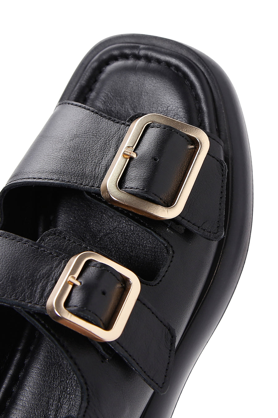 Women's Black Ankle Strap Double Buckle Leather Sandals