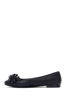 Women's Navy Blue Stone Leather Ballerinas | Derimod
