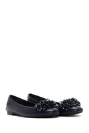 Women's Navy Blue Stone Leather Ballerinas | Derimod