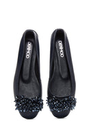 Women's Navy Blue Stone Leather Ballerinas | Derimod