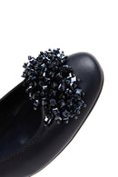 Women's Navy Blue Stone Leather Ballerinas | Derimod
