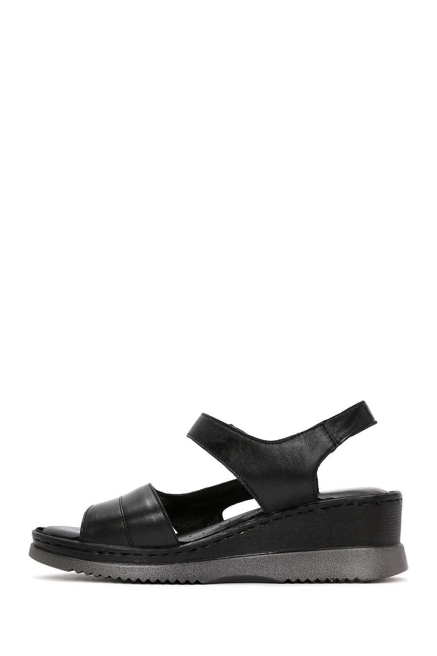 Women's Black Thick Sole Ankle Strap Leather Comfort Sandals
