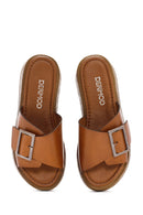 Women's Tan Buckle Leather Slippers | Derimod
