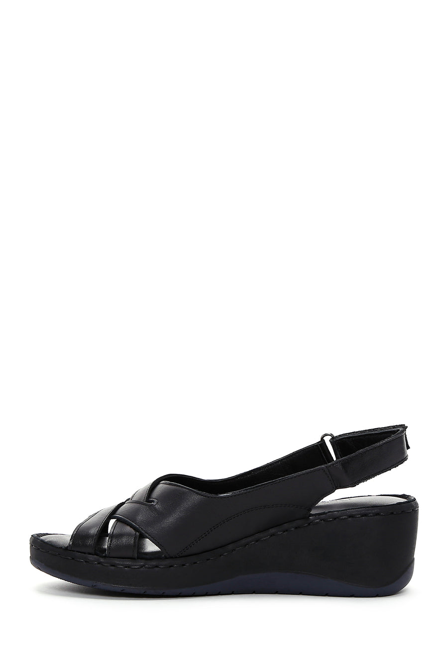 Women's Black Wedge Heeled Leather Comfort Sandals with Ankle Strap