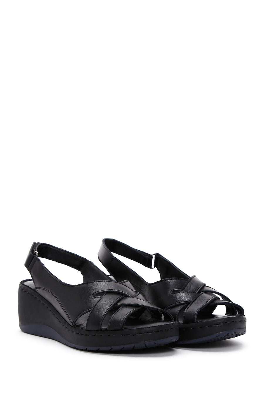 Women's Black Wedge Heeled Leather Comfort Sandals with Ankle Strap