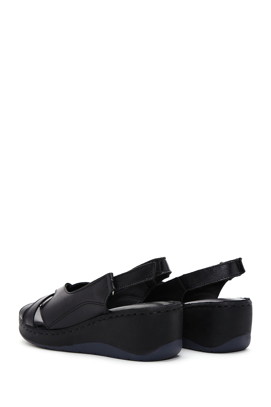 Women's Black Wedge Heeled Leather Comfort Sandals with Ankle Strap