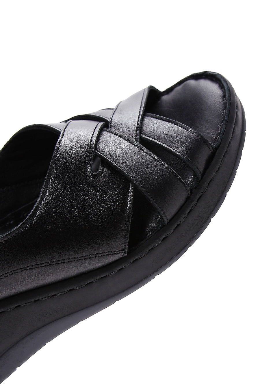 Women's Black Wedge Heeled Leather Comfort Sandals with Ankle Strap