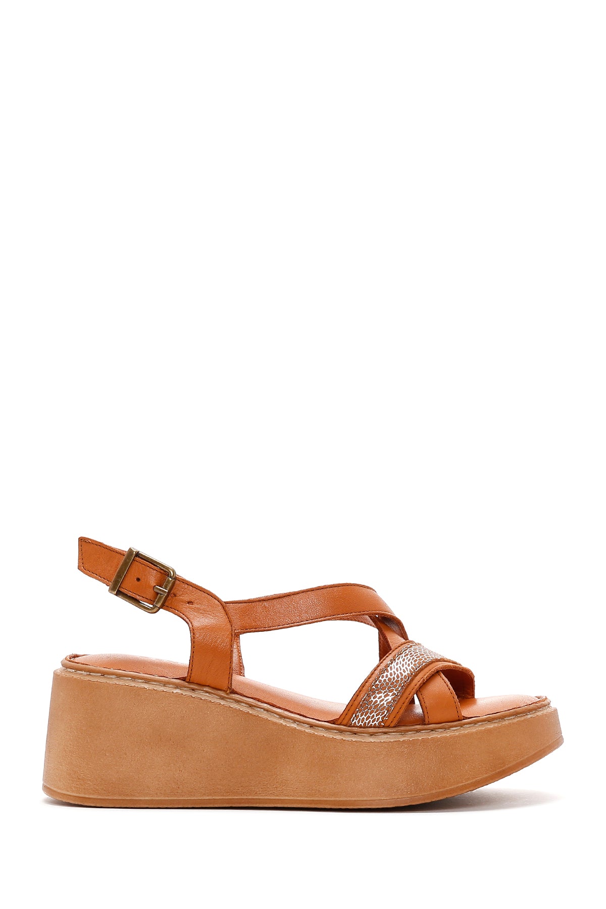 Women's Tan Ankle Strap Wedge Heeled Leather Comfort Sandals 24SFD341118 | Derimod
