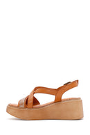 Women's Tan Ankle Strap Wedge Heeled Leather Comfort Sandals | Derimod