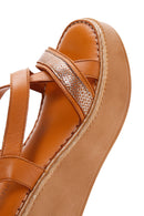 Women's Tan Ankle Strap Wedge Heeled Leather Comfort Sandals | Derimod