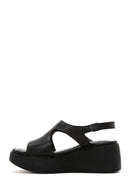 Women's Black Ankle Strap Wedge Heeled Leather Comfort Sandals | Derimod