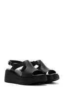Women's Black Ankle Strap Wedge Heeled Leather Comfort Sandals | Derimod
