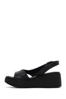 Women's Black Ankle Strap Wedge Heeled Leather Comfort Sandals | Derimod