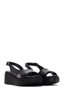 Women's Black Ankle Strap Wedge Heeled Leather Comfort Sandals | Derimod