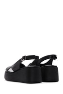 Women's Black Ankle Strap Wedge Heeled Leather Comfort Sandals | Derimod