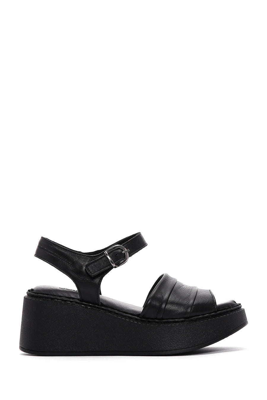 Women's Black Ankle Strap Wedge Heeled Leather Comfort Sandals 24SFD341418 | Derimod