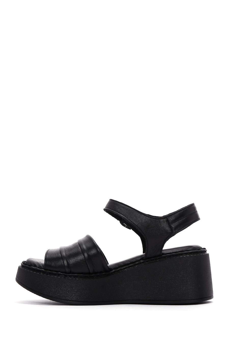 Women's Black Ankle Strap Wedge Heeled Leather Comfort Sandals