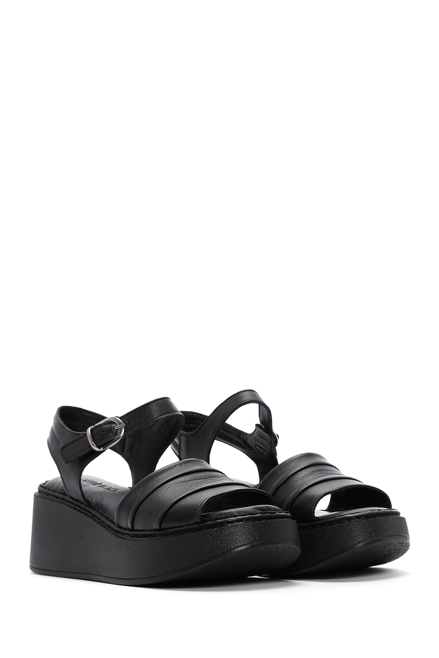 Women's Black Ankle Strap Wedge Heeled Leather Comfort Sandals