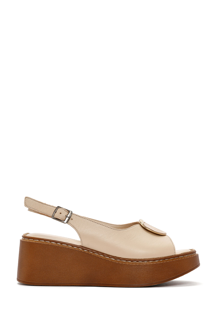 Women's Beige Wedge Heeled Leather Sandals with Ankle Strap 24SFD341918 | Derimod