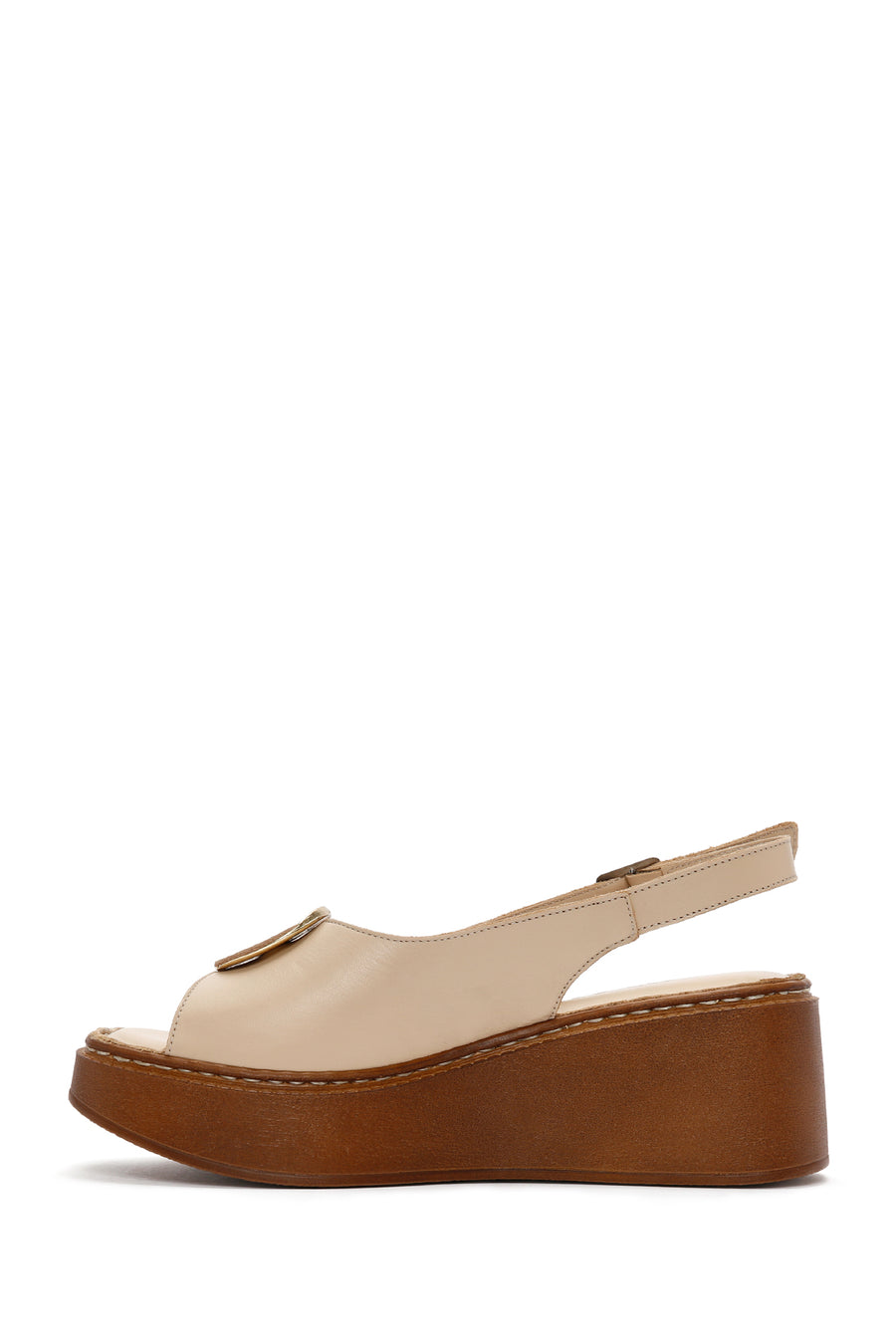 Women's Beige Wedge Heeled Leather Sandals with Ankle Strap