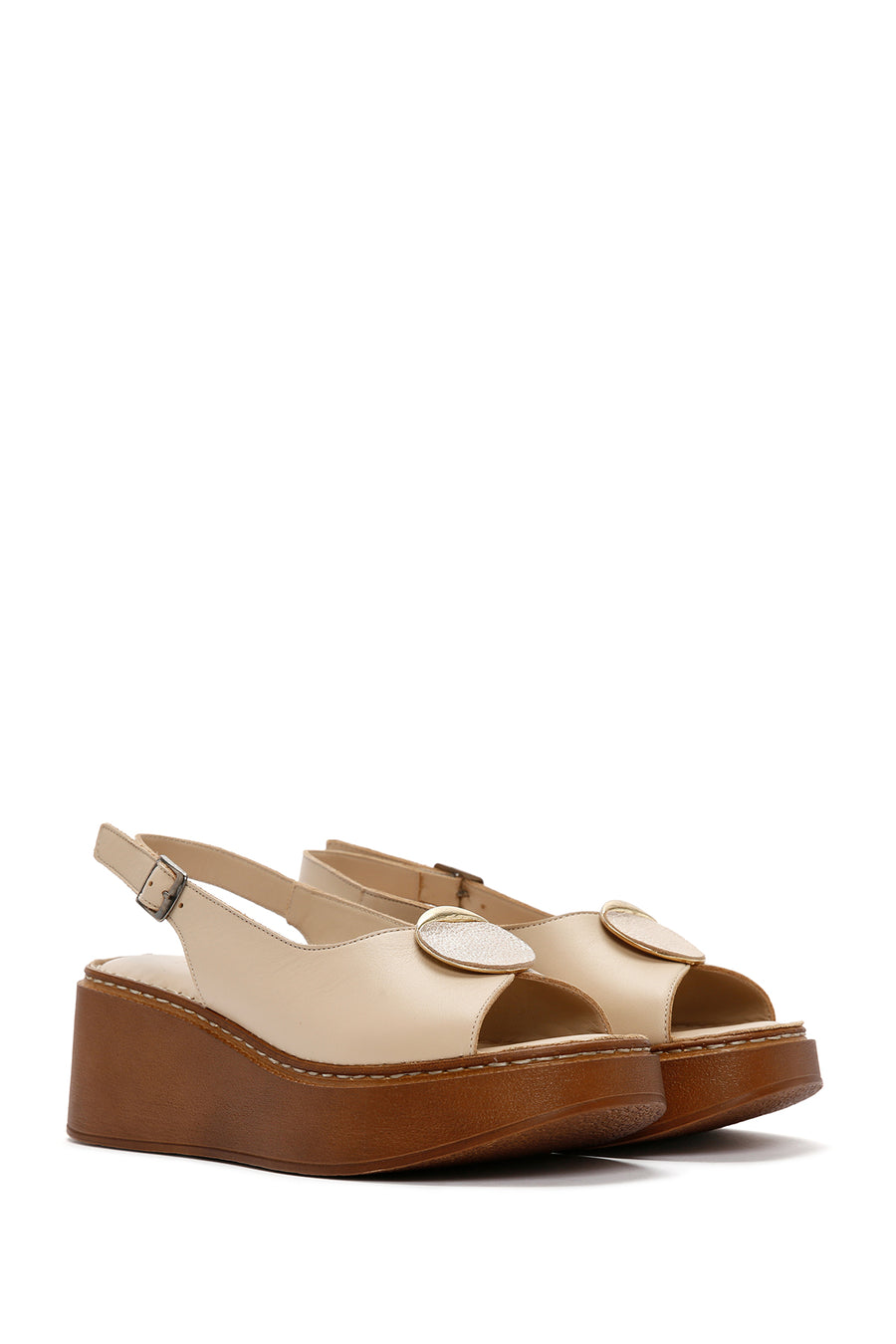 Women's Beige Wedge Heeled Leather Sandals with Ankle Strap