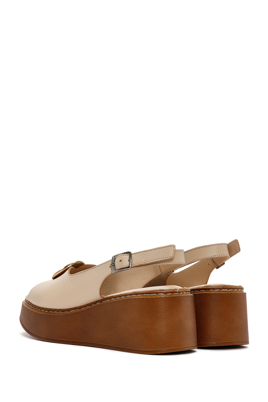 Women's Beige Wedge Heeled Leather Sandals with Ankle Strap