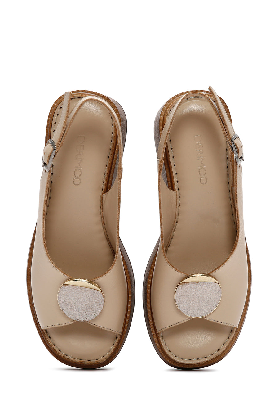 Women's Beige Wedge Heeled Leather Sandals with Ankle Strap