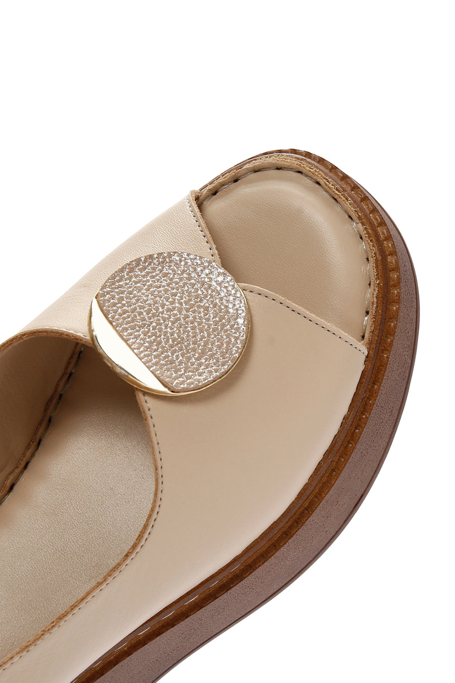 Women's Beige Wedge Heeled Leather Sandals with Ankle Strap