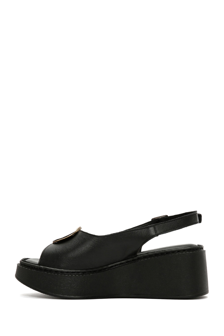 Women's Black Wedge Heeled Leather Sandals with Ankle Strap