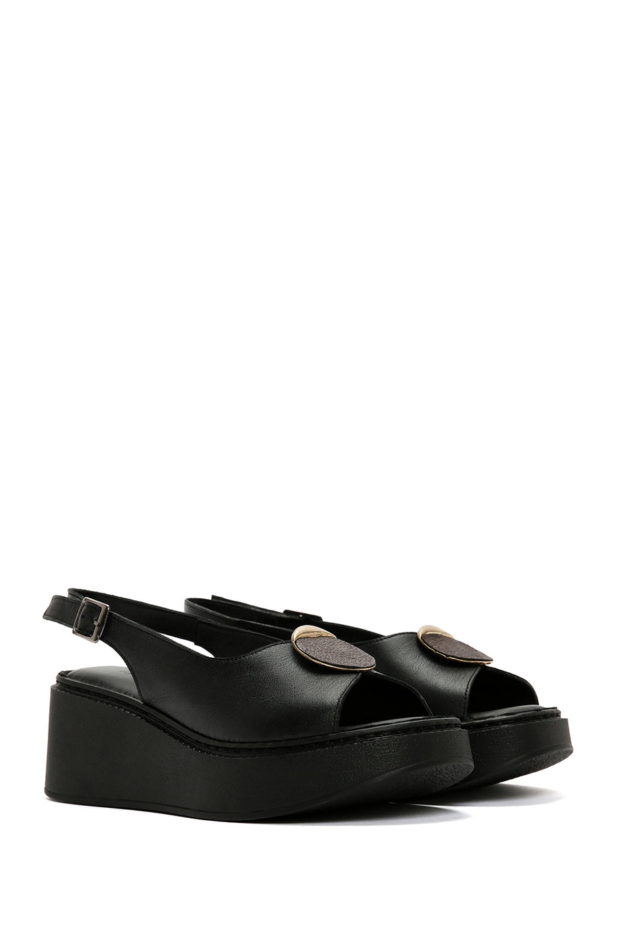 Women's Black Wedge Heeled Leather Sandals with Ankle Strap