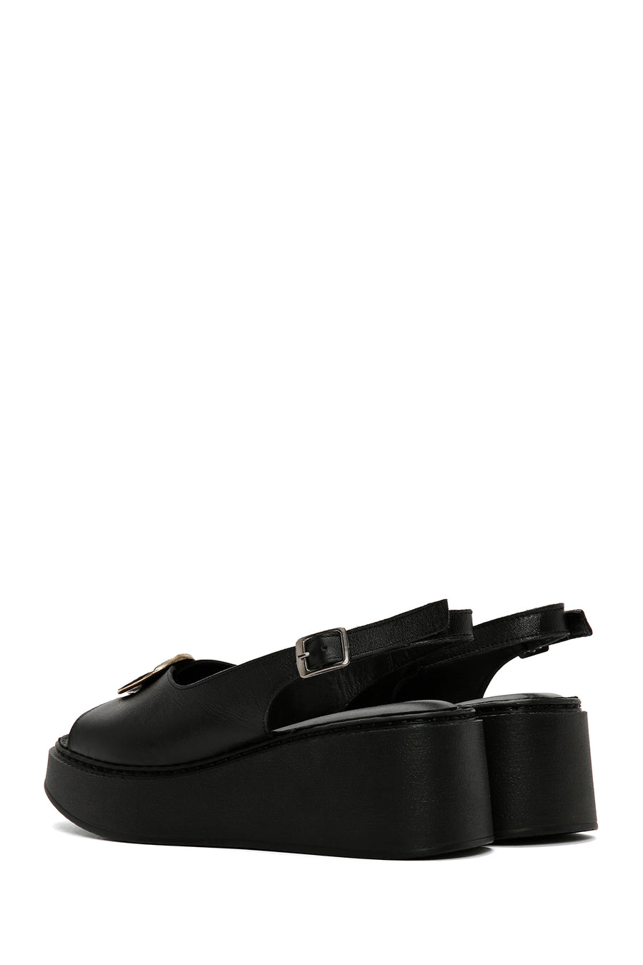 Women's Black Wedge Heeled Leather Sandals with Ankle Strap