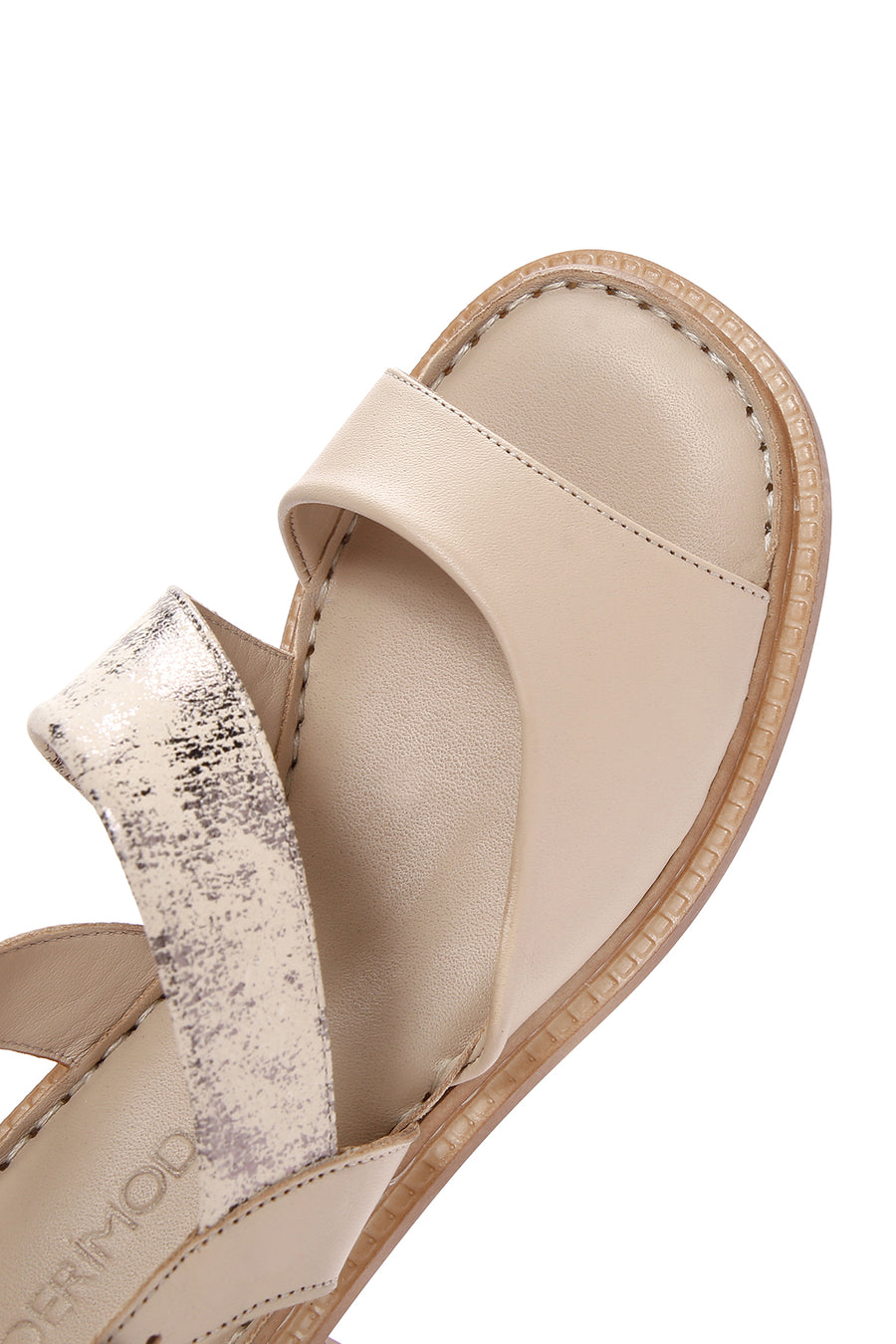 Women's Beige Thick Short Heeled Leather Sandals with Ankle Strap