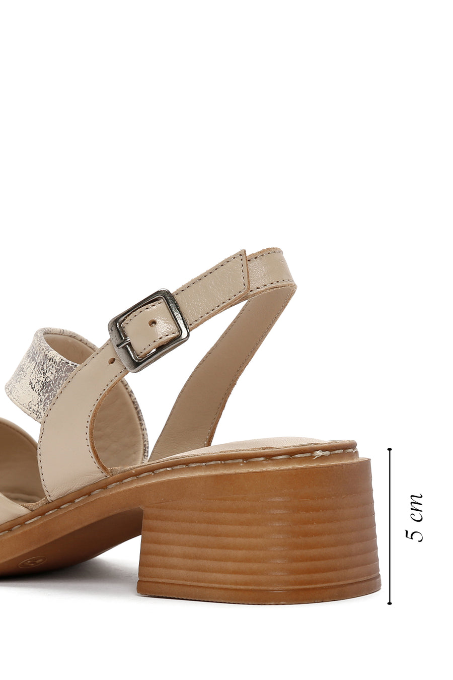 Women's Beige Thick Short Heeled Leather Sandals with Ankle Strap