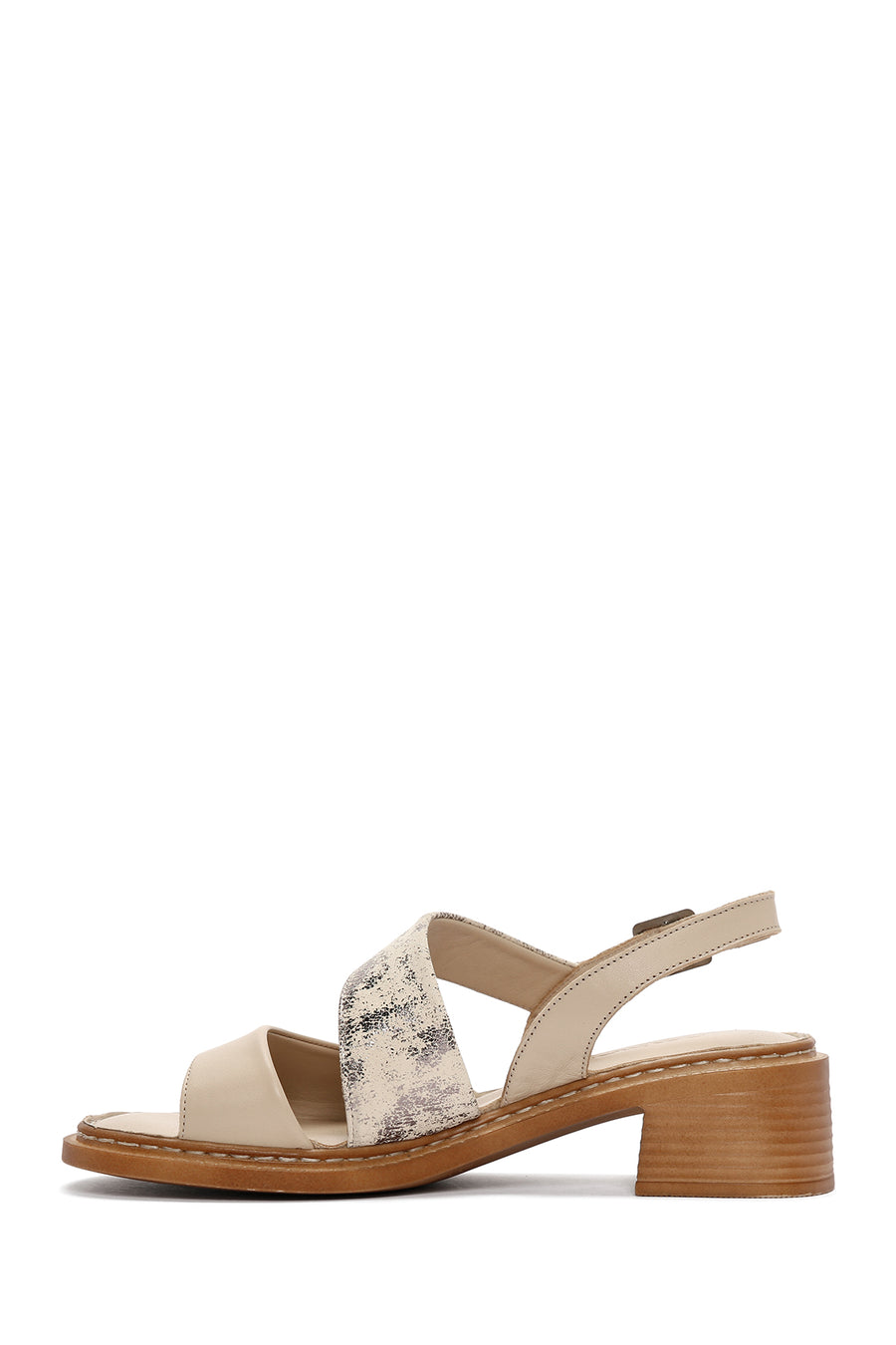 Women's Beige Thick Short Heeled Leather Sandals with Ankle Strap