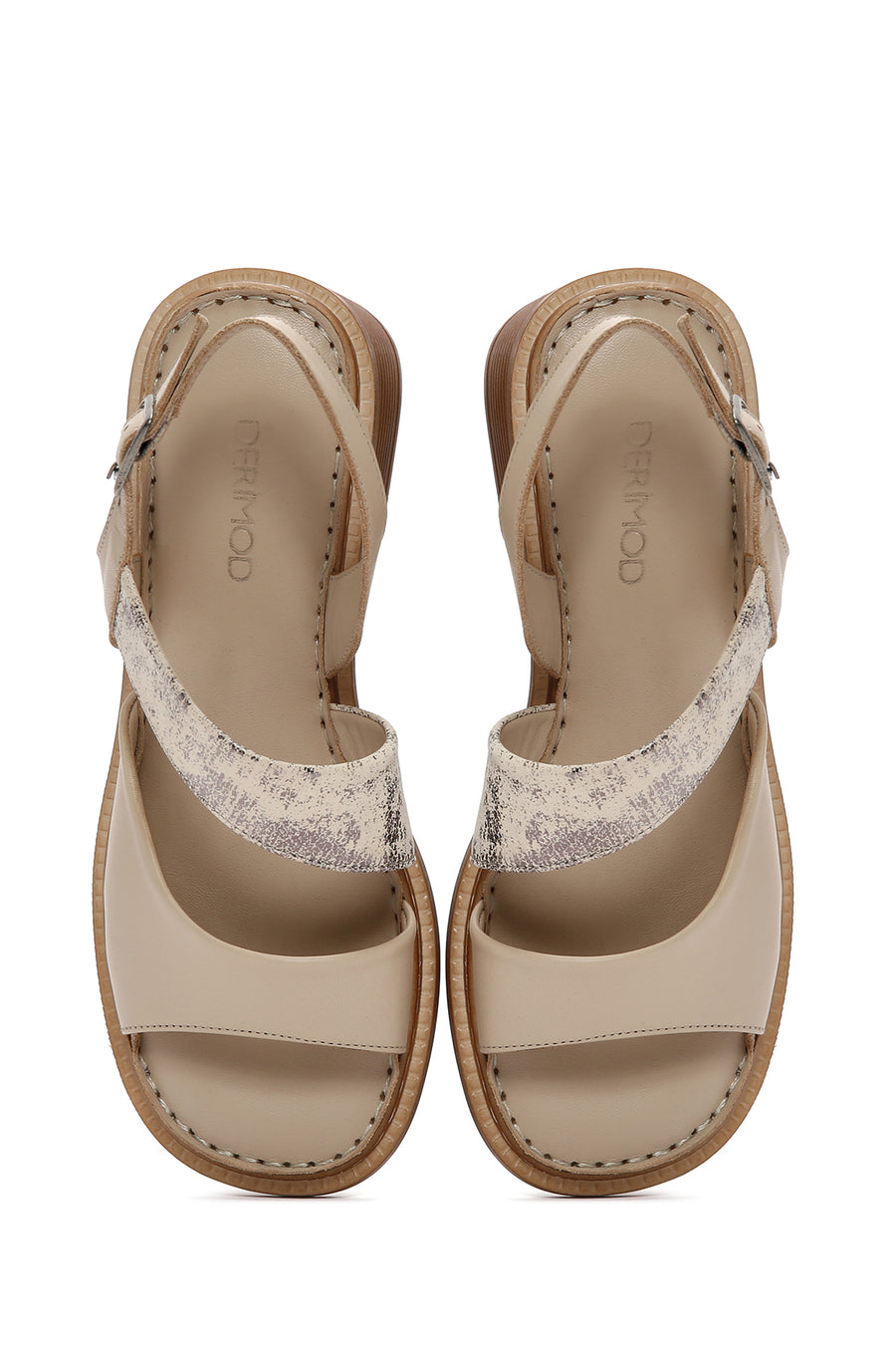 Women's Beige Thick Short Heeled Leather Sandals with Ankle Strap