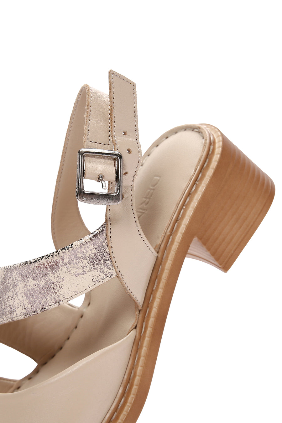 Women's Beige Thick Short Heeled Leather Sandals with Ankle Strap
