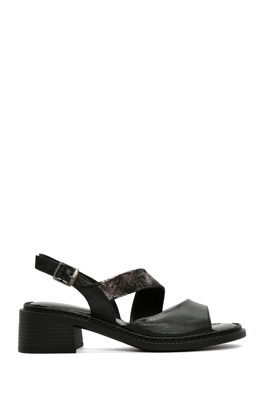 Women's Black Thick Short Heeled Leather Sandals with Ankle Strap 24SFD342114 | Derimod