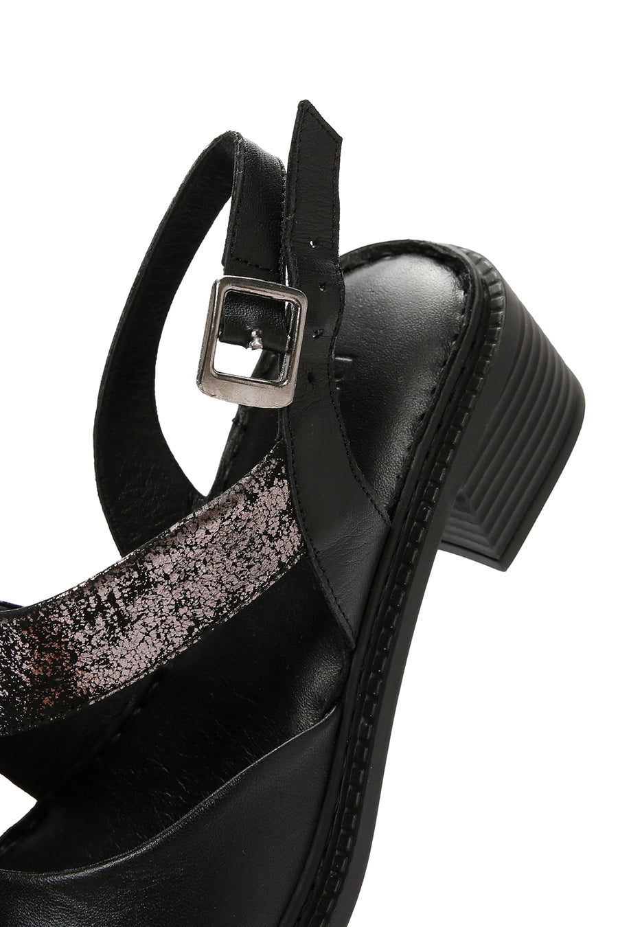 Women's Black Thick Short Heeled Leather Sandals with Ankle Strap